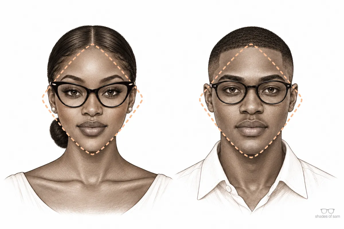 Illustration of a Ghanaian woman and man with diamond face shapes wearing glasses that suit them