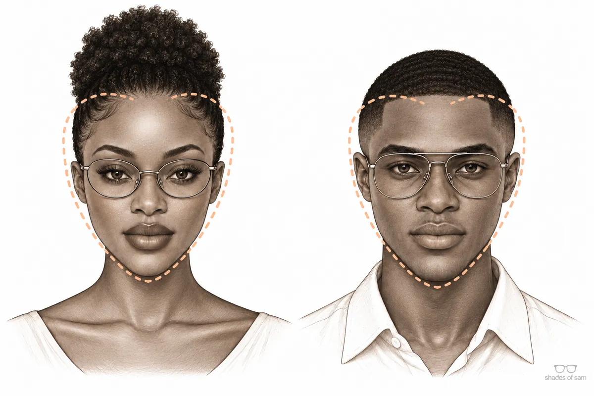 Illustration of a Ghanaian woman and man with heart face shapes wearing glasses that suit them