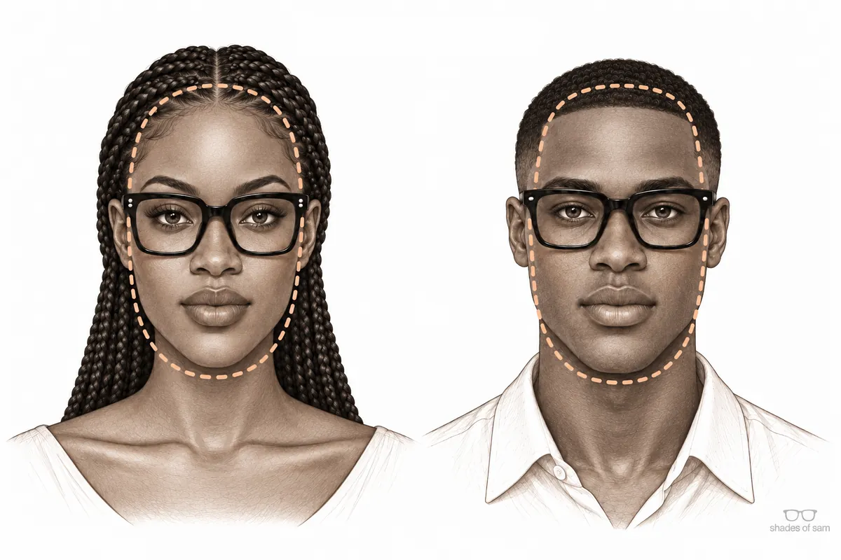 Illustration of a Ghanaian woman and man with oblong face shapes wearing glasses that suit them