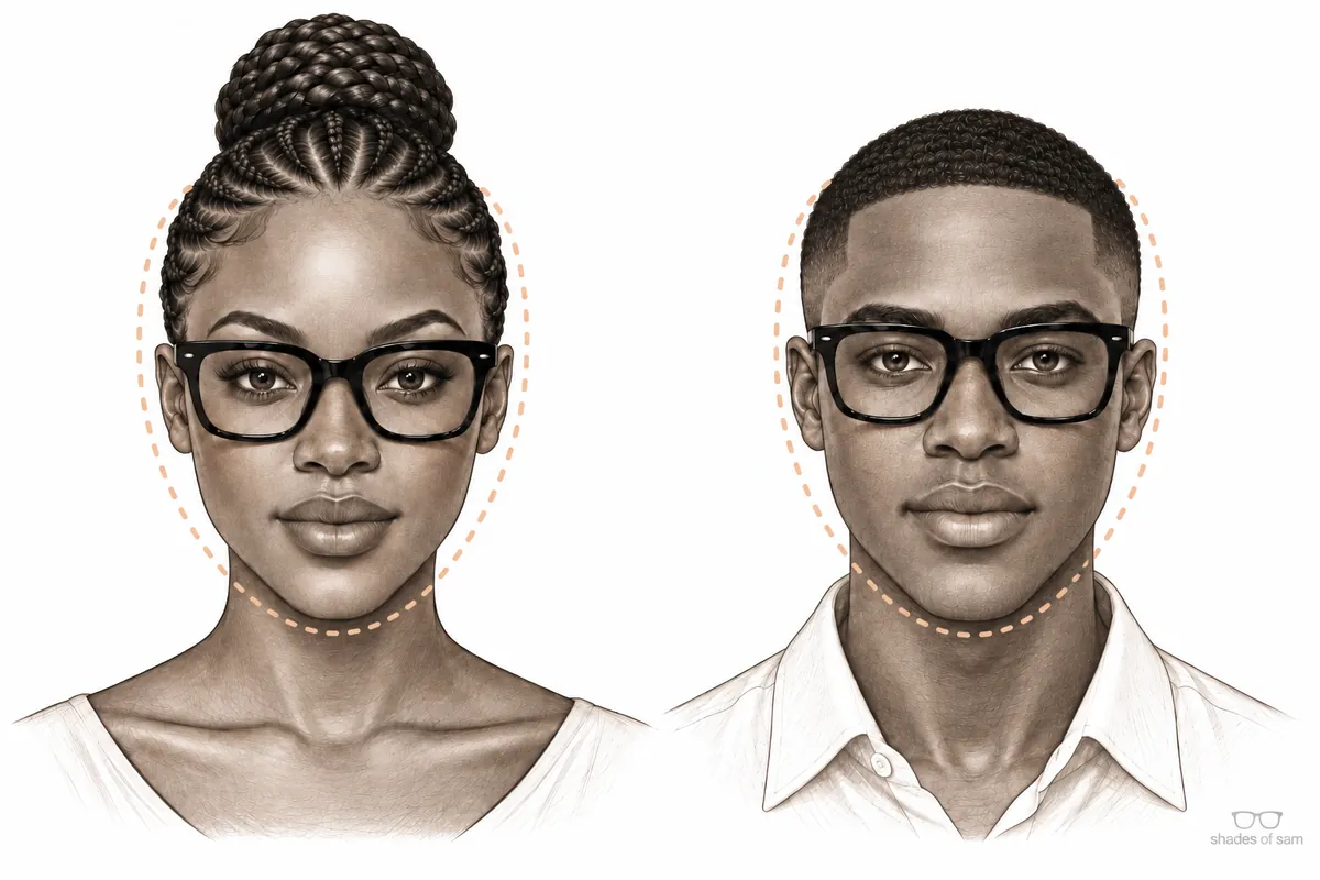 Illustration of a Ghanaian woman and man with oval face shapes wearing glasses that suit them