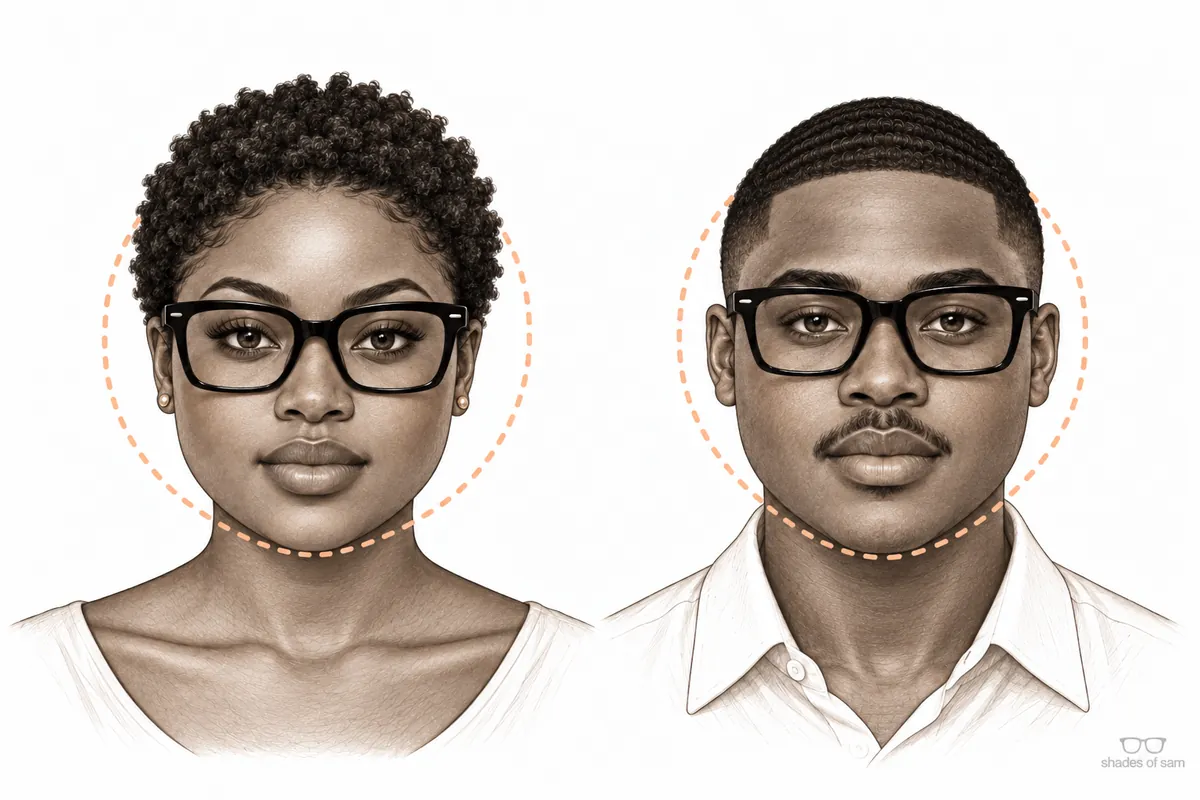 Illustration of a Ghanaian woman and man with round face shapes wearing glasses that suit them