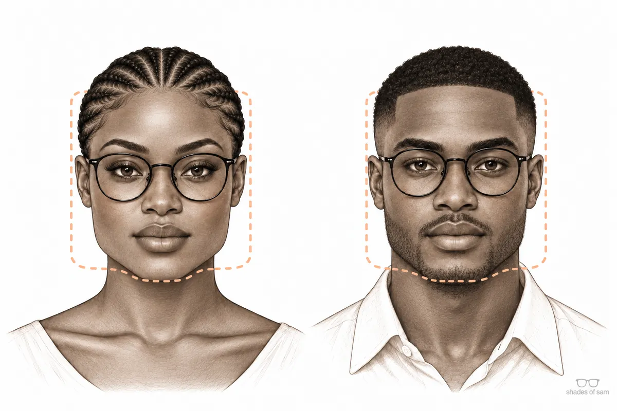 Illustration of a Ghanaian woman and man with square face shapes wearing glasses that suit them
